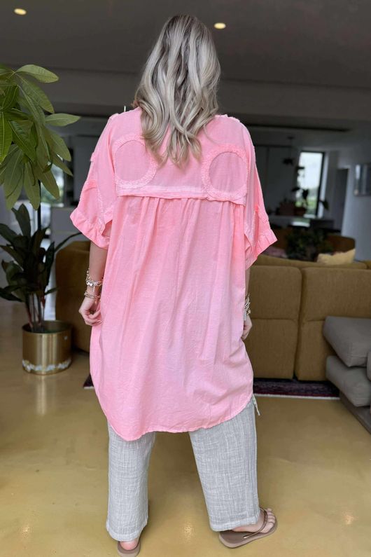 Made in Italy Sa Caleta Circle Longline Boyfriend Top Washed Sherbet Coral /7 =